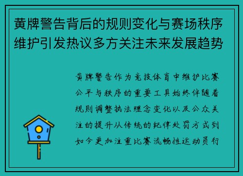 黄牌警告背后的规则变化与赛场秩序维护引发热议多方关注未来发展趋势